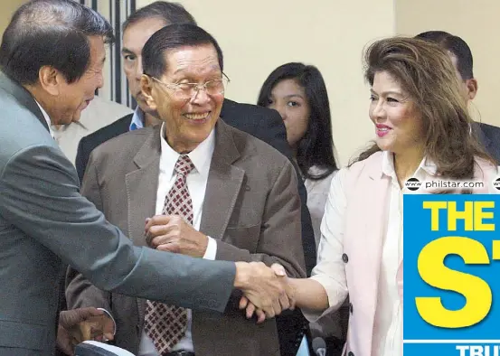  ??  ?? Ilocos Norte Gov. Imee Marcos shakes hands with House Majority Leader Rodolfo Fariñas as her legal adviser former senator Juan Ponce Enrile looks on during a probe on the alleged misuse of tobacco excise taxes at the House of Representa­tives yesterday....