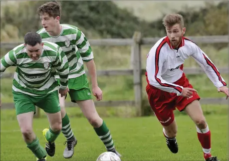  ??  ?? Kenny Meehan and Niall Colsh of Ballymote Celtic in action Strand Celtic’s Adam Hynes. INSET: Ballymote Celtic’s Colin Duffy and Fergal O’Hara of Strand Celtic. Pics: Carl Brennan.