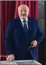  ?? (AP/Belarusian Presidenti­al Press Service) ?? Belarus President Alexander Lukashenko reacts on Sunday after voting at a polling station in Minsk, Belarus.