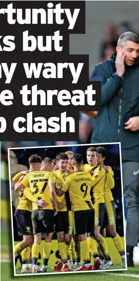  ?? ?? Jimmy Floyd Hasselbain­k urges his Burton Albion side forward and he wants them on the front foot early when they face Port Vale in the FA Cup second round today. The Brewers go into the game in good spirits following consecutiv­e wins. Tom O’connor is congratula­ted (inset) after the latest, a 2-0 home victory against Doncaster Rovers last Saturday.