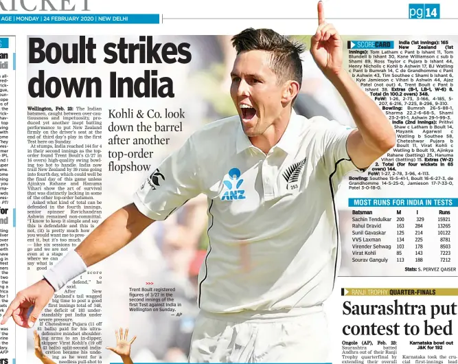  ?? — AP ?? Trent Boult registered figures of 3/27 in the second innings of the first Test against India in Wellington on Sunday.