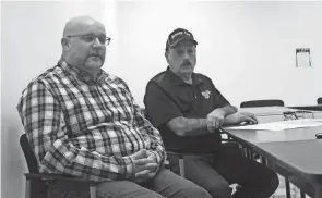  ?? KURT SNYDER/THE ADVOCATE ?? Jersey Township officials Rob Platte, left, administra­tor, and Dan Wetzel, trustee, discuss the future as their township sits at the critical juncture of Mink Street and Ohio 161. Officials are aiming to balance business developmen­t and keeping the traditiona­l rural residentia­l feel.