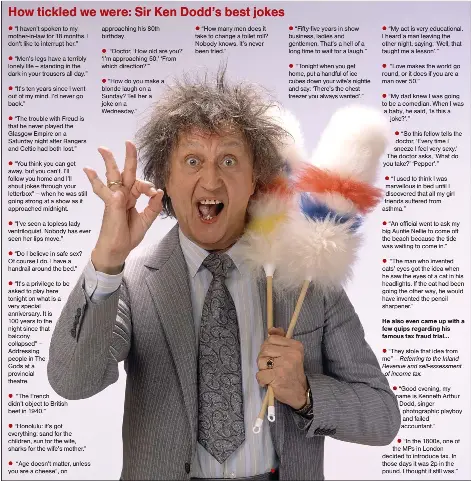  ??  ?? ▪
The much-loved comedy legend Sir Ken Dodd, who passed away on Sunday at the age of 90, with his famous tickling sticks and manic hairstyle.