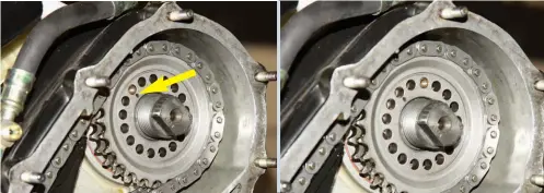  ??  ?? Felt-pen mark on this engine’s right-hand camshaft sprocket shows that despite being trial-assembled by the book, in practice the valve timing was out by no fewer than two ‘holes’ – there can be few better examples to show why the system is necessary, and thus provided. Crank movement needed to line up second hole was relatively small. Interestin­gly, 993 engines have no pin to lock sprocket to camshaft, relying instead on the clamping force provided by the nut alone. It works well enough, but can still slip, especially if the engine is driven hard, so regular checking is absolutely essential