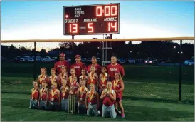  ?? Photos by ALEX FARRER / staff ?? ( The Gordon County All-Stars pose for a picture with their trophy after winning the GRPA 8-under Coach Pitch A/B District 5 Softball Tournament. ( The Calhoun All-Stars pose for a picture with their trophy after winning the GRPA 8-under Coach Pitch...