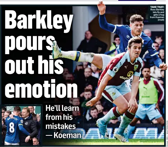  ??  ?? TAKE THAT: Ross Barkley lets fly and gets a hug from Koeman (inset)