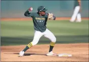  ?? JANE TYSKA — BAY AREA NEWS GROUP ?? The A’s Tony Kemp makes a throw to first base during their summer camp at the Coliseum in Oakland on Tuesday.