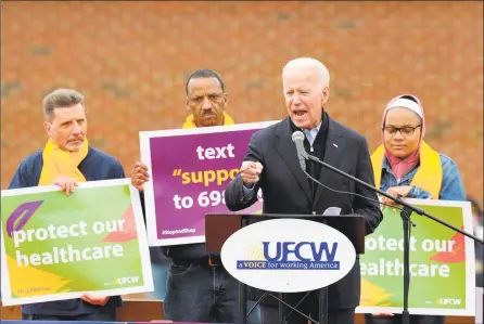  ?? Getty Images ?? Former Vice President Joe Biden speaks at a rally organized by UFCW Union members to support Stop & Shop employees on strike throughout the region at the Stop & Shop in Dorchester, Mass., on Thursday.