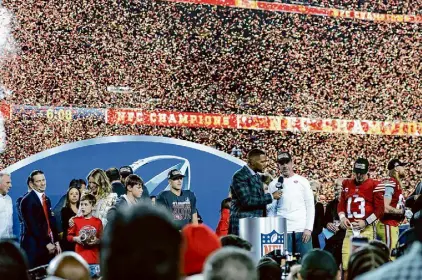  ?? ?? S.F. 49ers players and head coach Kyle Shanahan celebrate after the NFC Championsh­ip Game on Jan. 28. A victory parade would be about 40 miles from the team’s home ground at Levi’s Stadium.