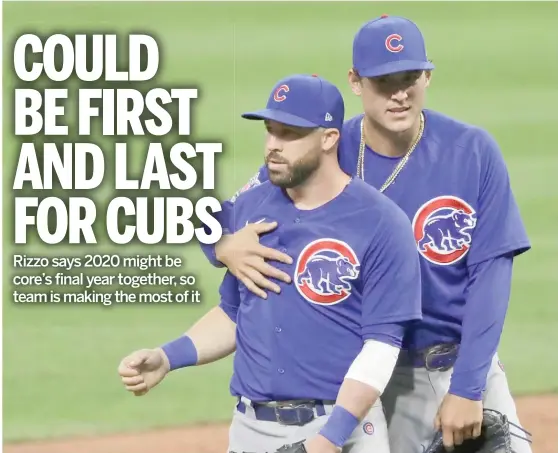  ?? TONY DEJAK/AP ?? Anthony Rizzo (right), the Cubs’ charismati­c leader, hugs Jason Kipnis after the team’s victory Wednesday night against the Cleveland Indians.