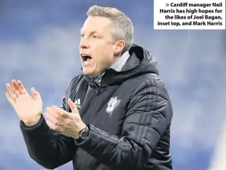  ??  ?? > Cardiff manager Neil Harris has high hopes for the likes of Joel Bagan, inset top, and Mark Harris