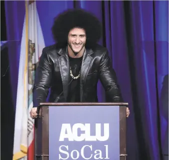  ?? Richard Shotwell / Invision 2017 ?? Colin Kaepernick speaks at the ACLU SoCal’s Bill of Rights Dinner in Beverly Hills in 2017.