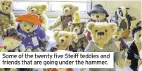  ??  ?? Some of the twenty five Steiff teddies and friends that are going under the hammer.
