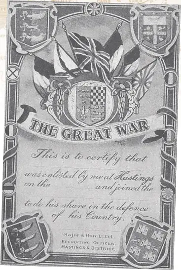  ??  ?? Hastings Roll of Honour card: the next of kin of every man enlisted received one of these cards. Taken from The Field, 31 July, 1915