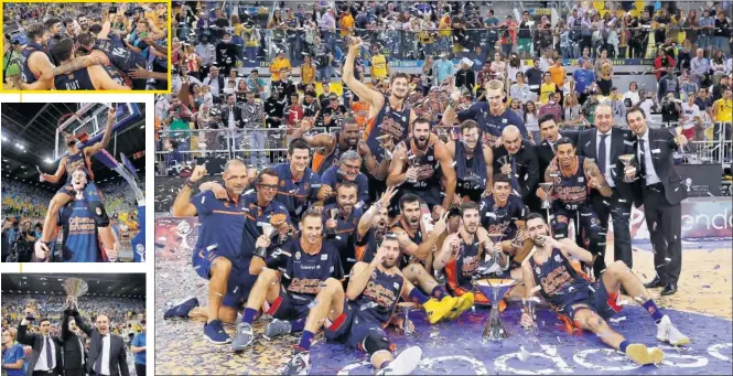  ??  ?? CAMPEONES. El Valencia Basket conquistó su primera Supercopa. Diot, aupado por Hlinason, cortó una de las redes. Primer título para Vidorreta en el banquillo taronja.