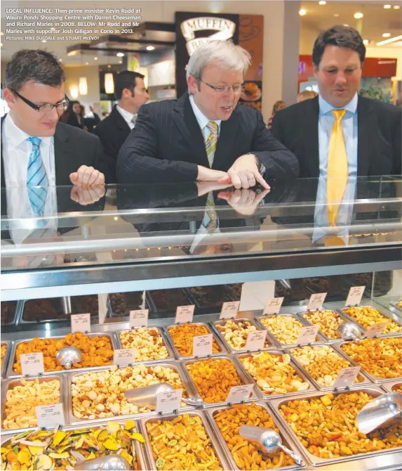  ?? Pictures: MIKE DUGDALE and STUART McEVOY ?? LOCAL INFLUENCE: Then-prime minister Kevin Rudd at Waurn Ponds Shopping Centre with Darren Cheeseman and Richard Marles in 2008. BELOW: Mr Rudd and Mr Marles with supporter Josh Gilligan in Corio in 2013.