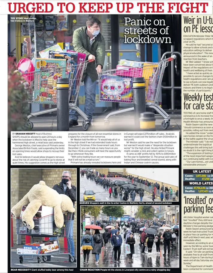  ??  ?? QUEUES Shoppers wait in line to enter Costco in Watford, Herts, ahead of second lockdown