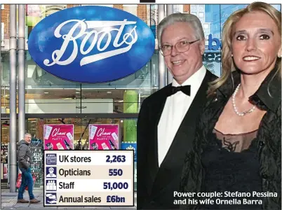  ?? ?? Power couple: Stefano Pessina and his wife Ornella Barra 1849 Founded in Nottingham by Quaker John Boot 1935 Launched its Number Seven, now No7, beauty range 2006 Merged with Alliance UniChem to form Alliance Boots 2007 Alliance Boots bought by private equity giant KKR 2014 Sold to Walgreens to form Walgreens Boots Alliance 2021 Administer­ed its first Covid vaccine 2021 Put up for sale by US owner Walgreens 1985 Received a Queen’s Award for the discovery and developmen­t of ibuprofen