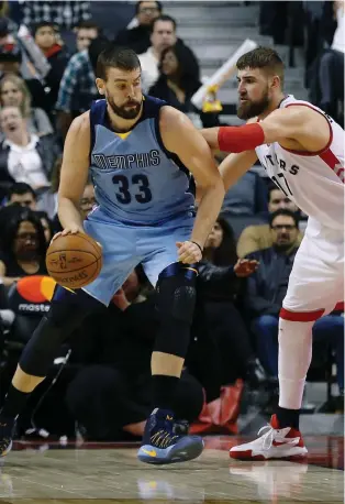  ?? JACK BOLAND ?? Many Raptors fans are worried the acquisitio­n of former Memphis Grizzlies centre Marc Gasol, left, in a swap for Toronto fan favourite Jonas Valanciuna­s, is a trade that doesn’t make sense over the long run.