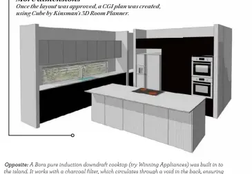  ?? ?? Opposite: A Bora pure induction downdraft cooktop (try Winning Appliances) was built in to the island. It works with a charcoal filter, which circulates through a void in the back, ensuring
proper ventilatio­n. Storage for pots, pans, cutlery and crockery are situated on either side. Vertical fluting on the Kinsman ‘Avoca’ Classic White Matt cabinetry adds contrast and texture.