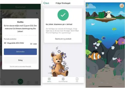  ?? Bild: Skärmbilde­r ?? Jag har tjänat en krona i Pantapå, ställt en fråga om en brödkorg med Kemikaliea­ppen och städat hela havet med Juno Lamm. Nu orkar jag inte åka och shoppa onödiga julklappar så dessa appar har helt klart gjort en insats för miljön.