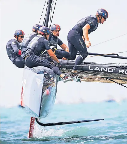  ??  ?? Flying high: Land Rover BAR use their foils to build up speed – one of the key tactics which will decide the America’s Cup