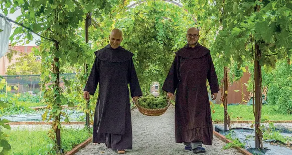  ?? Nella vigna ?? Padre Piero Rizza, priore della chiesa degli Scalzi, a Venezia, a destra e sotto nella foto, nel Giardino Mistico insieme ad un altro frate Carmelitan­o