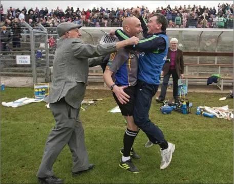  ?? Photo: Garry O’Neill ?? Will Wicklow GAA followers ever forget this photo? Highly unlikely. Bray’s John Henderson had just guided his beloved Bray to the Senior hurling crown and when that final whistle sounded he turned to grab the nearest human being and share his joy and...