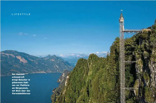  ?? ?? Der Hammetschw­and-Lift bringt Besucher in gläserenen Kabinen zur Plattform am Bürgenstoc­k, mit Blick über den Vierwaldst­ättersee
