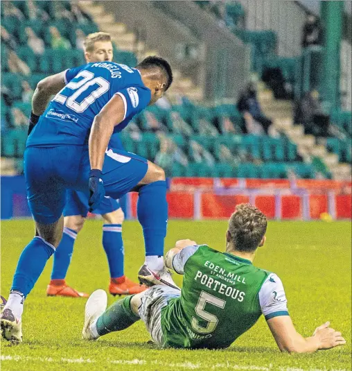  ??  ?? The midweek flashpoint at Easter Road involving Alfredo Morelos and Ryan Porteous