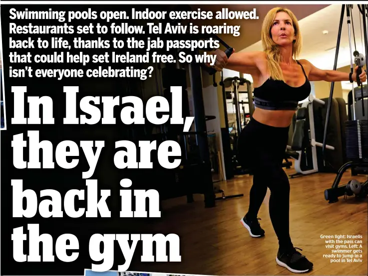  ??  ?? Green light: Israelis with the pass can visit gyms. Left: A swimmer gets ready to jump in a pool in Tel Aviv