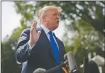  ?? The Associated Press ?? COMMENTS: President Donald Trump gestures while answering questions from members of the media before walking across the South Lawn of the White House in Washington on Tuesday to board Marine One helicopter for a short trip to Andrews Air Force Base, Md., en route to Philadelph­ia.