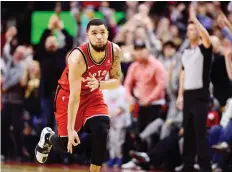  ?? FRANK GUNN/THE CANADIAN PRESS ?? Raptors guard Fred Vanvleet celebrates a game-winning three Wednesday during a 99-96 win over the Pacers.