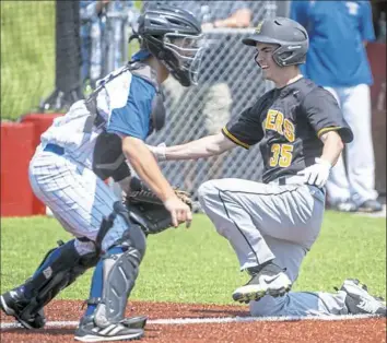  ??  ?? North Allegheny’s Brett Loughner scores against Canon-McMillan in the PIAA Class 6A quarterfin­als Thursday at Seton Hill University. Canon-McMillan beat North Allegheny, 6-3.