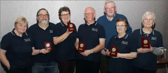  ??  ?? Bree Active Retirement Club, winners of the shield final, Theresa Dixon, John Adam, Janet Adam, John Denhan, county chairman Paddy Breen, Bridie Walsh and Betty Butler.