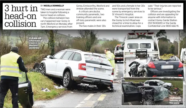  ?? ?? CLEAN-UP Aftermath of crash in Co Wexford yesterday
CARNAGE Vehicles at the scene