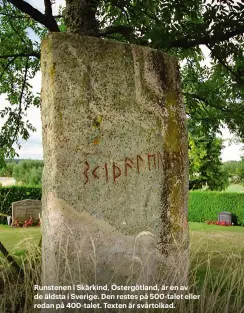  ??  ?? Runstenen i Skärkind, Östergötla­nd, är en av de äldsta i Sverige. Den restes på 500-talet eller redan på 400-talet. Texten är svårtolkad.