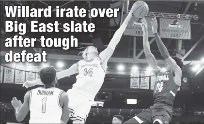  ?? Getty Images ?? OFF THE BLOCK: Providence’s Noah Horchler blocks a shot by Jared Rhoden during Seton Hall’s 70-65 loss Wednesday night, after which coach Kevin Willard (inset) lambasted the Big East for its makeup scheduling.