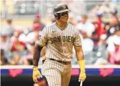  ?? ABBIE PARR AP ?? Padres’ Juan Soto reacts after striking out during the sixth inning Thursday in Minnesota.