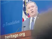  ?? BLOOMBERG ?? Mike Pompeo, US secretary of state, speaks at the Heritage Foundation in Washington DC on Monday. Mr Pompeo demanded Iran halt all uranium enrichment, stop its ballistic-missile programme and give nuclear inspectors access to the entire country.