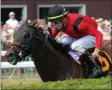  ?? SPENCER TULIS / THE PINK SHEET ?? Jockey Tyler Gaffalione aboard Leinster raced to a new track record at the 16th running of The Troy (G3) in 2019.