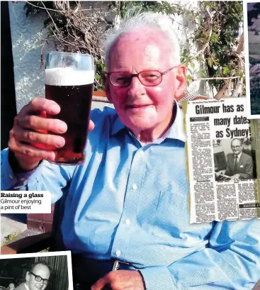  ??  ?? Raising a glass Gilmour enjoying a pint of best