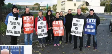 ??  ?? RIGHT: Striking ASTI members at CBS The Green in Tralee. BELOW: Newly qualified teacher Jer O’Brien pickets St Joseph’s Secondary School in Ballybunio­n.