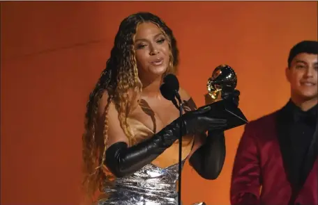  ?? CHRIS PIZZELLO — THE ASSOCIATED PRESS ?? Beyonce accepts the award for best dance/electronic music album for “Renaissanc­e” at the 65th annual Grammy Awards on Sunday, Feb. 5, 2023, in Los Angeles.