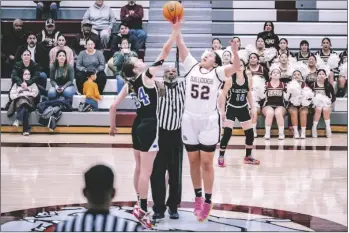  ?? PHOTO COURTESY ANDREW YEPEZ ?? Calexico high Bulldog Mia Ramon (52) tips off against West Hills during a CIF SDS D-III opening round girls basketball game on Wednesday, February 15, at Varner Gym in Calexico.