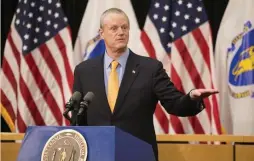  ?? POOL PHOTO ?? DELAYED DELIVERY: Gov. Charlie Baker addresses the problems the state has had trying to secure more pieces of personal protection equipment at the State House on Thursday.