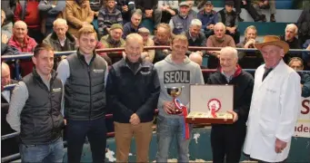  ??  ?? Winner of the Supreme and Reserve Champion at Kanturk Mart Spring Born Weanling Show and Sale on Tuesday was Brendan O’Callaghan, Newberry, Mallow pictured with John Cott, Chairman Kanturk Mart, Peter O’Connell, Judge, and representi­ng sponsors Southern Milling are Sean Ryan, Daniel O’Keeffe and Sean McGrath. The Supreme Champion, a 345kg BB bull, was bought by Pat Kelleher, macroom for €1,000 - on the day, the top male weanlings made €2.75/kg; females €2.10/kg.