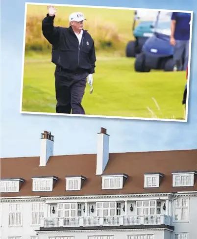  ?? /© GREENPEACE ?? The paraglider, who is still at large and unidentifi­ed, flies over President Trump's golf course in Scotland Friday. He's not the only one unhappy to see Trump, as protester above left shows. Above, the President waves while playing a round of golf on...