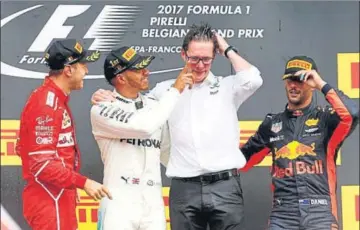  ??  ?? Mercedes driver Lewis Hamilton won his 58th career race and the fifth of the 2017 season in Spa on Sunday.