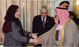  ??  ?? KFAS Board Member Dr Faiza Al-Kharafi welcomes His Highness the Amir Sheikh Sabah Al-Ahmad Al-Jaber Al-Sabah.